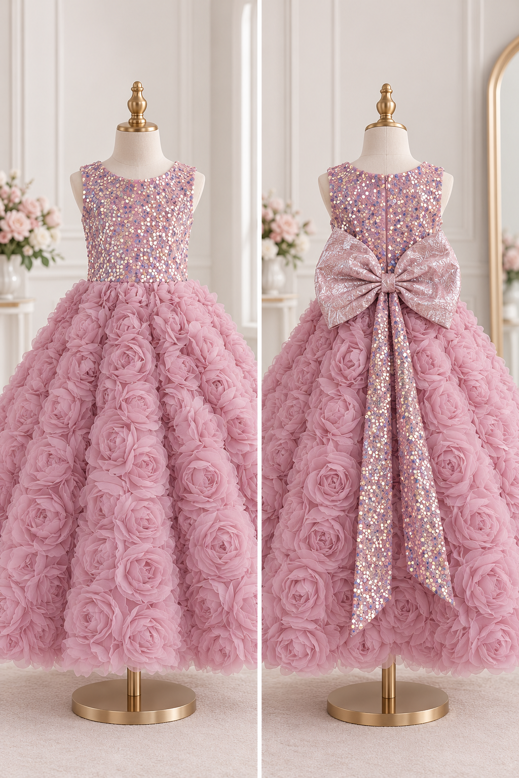 Vestido elegante largo en color rosa vieja detalles de lentejuelas en el pecho y flores en 3D en la falda con moño grande en la parte de atrás