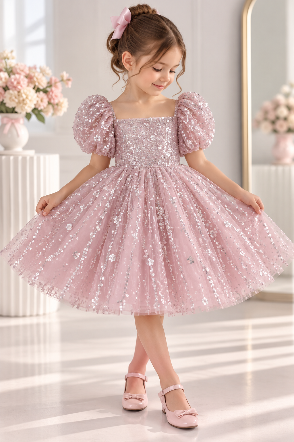 Vestido elegante rosa claro con detalles de brillo en plateado y flores manga abollonada
