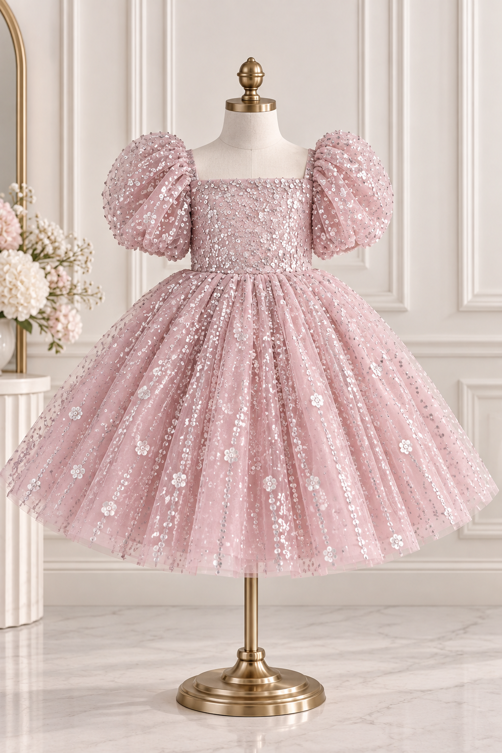 Vestido elegante rosa claro con detalles de brillo en plateado y flores manga abollonada
