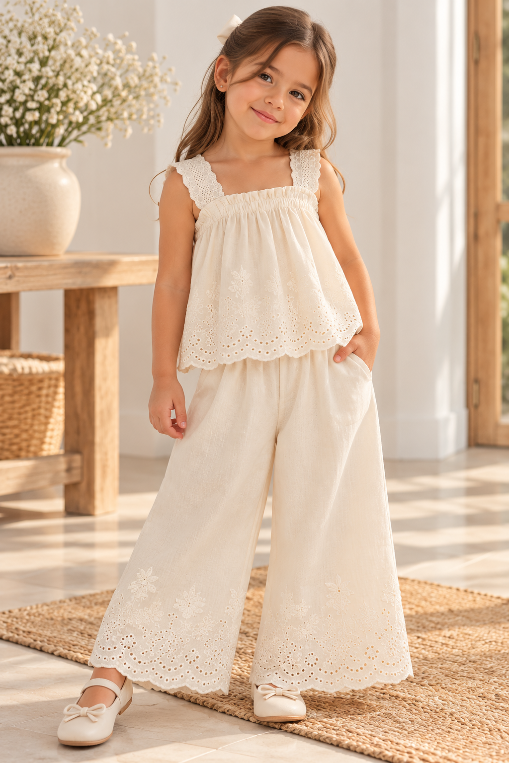 Conjunto pantalón palazo con blusa color crema detalle de bordado en hilo con bolsillos
