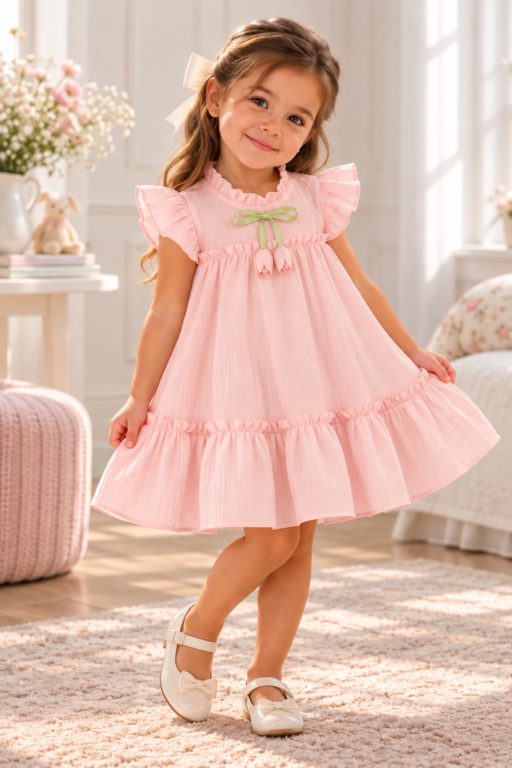 Vestido rosa casual de algodón , con detalle de tulipanes en el cuello