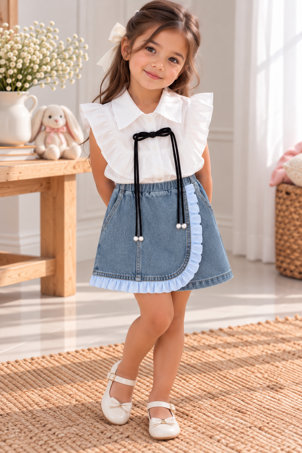 Conjunto short pollera de jeans con blusa blanca con detalle de moño negro ( no incluye cinto)