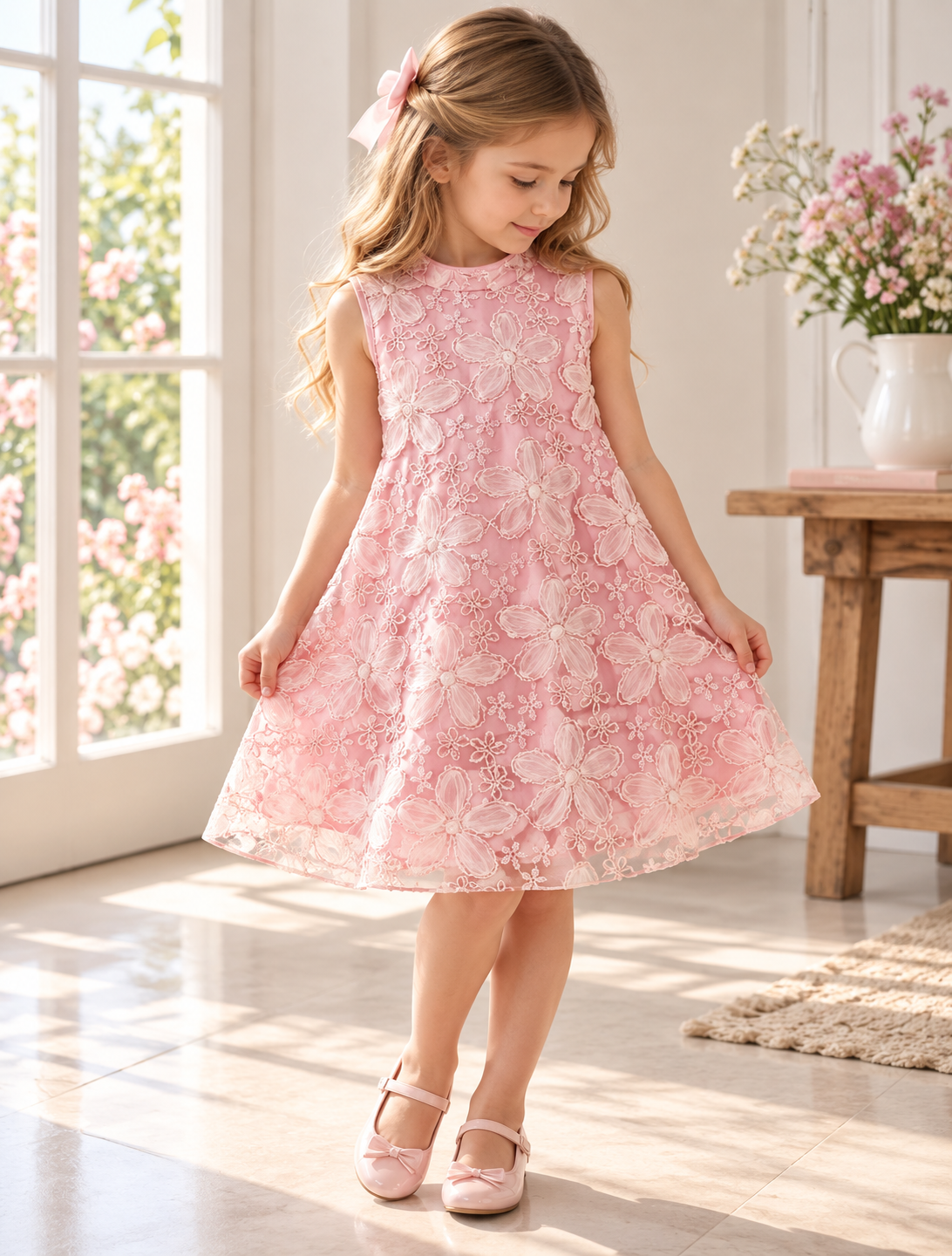 Vestido casual rosa con detalle de bordado con hilo y lentejuela dorado