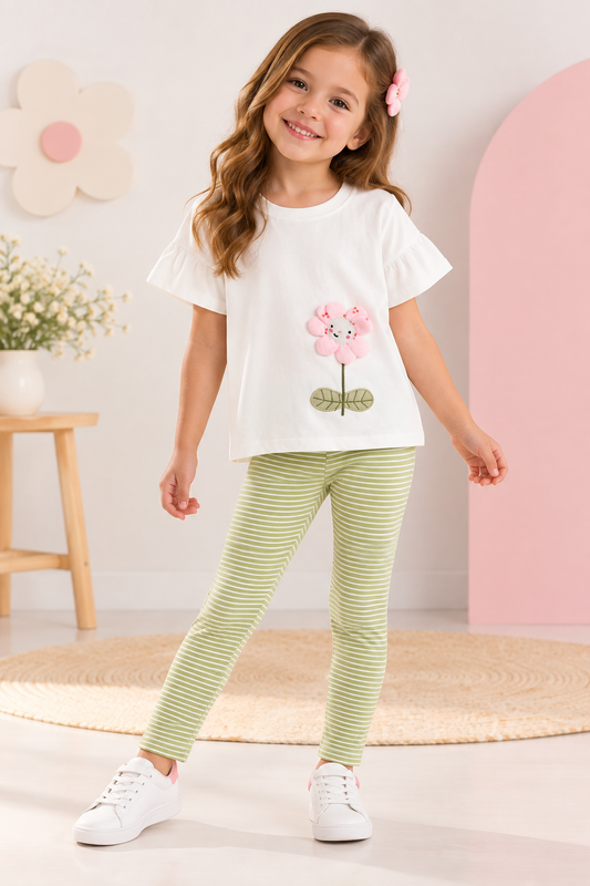 Conjunto calza con remera 100% algodón detalle de flor y rayas marca Malwee