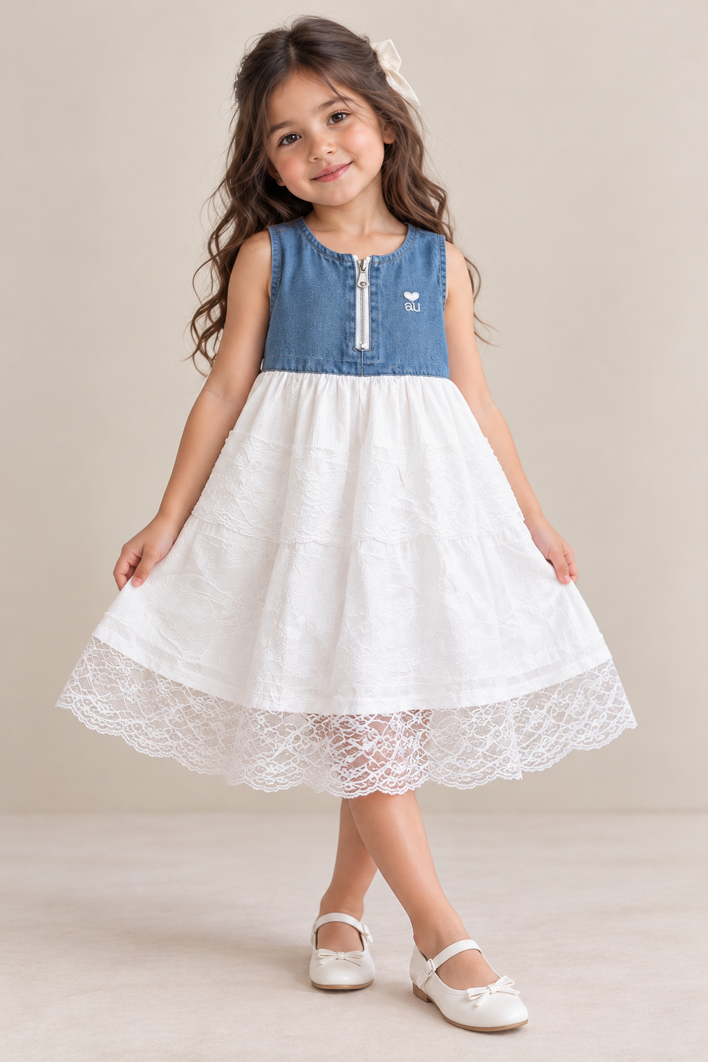 Vestido bicolor , jeans en el busto y blanco en la falda , detalles de tul con encaje