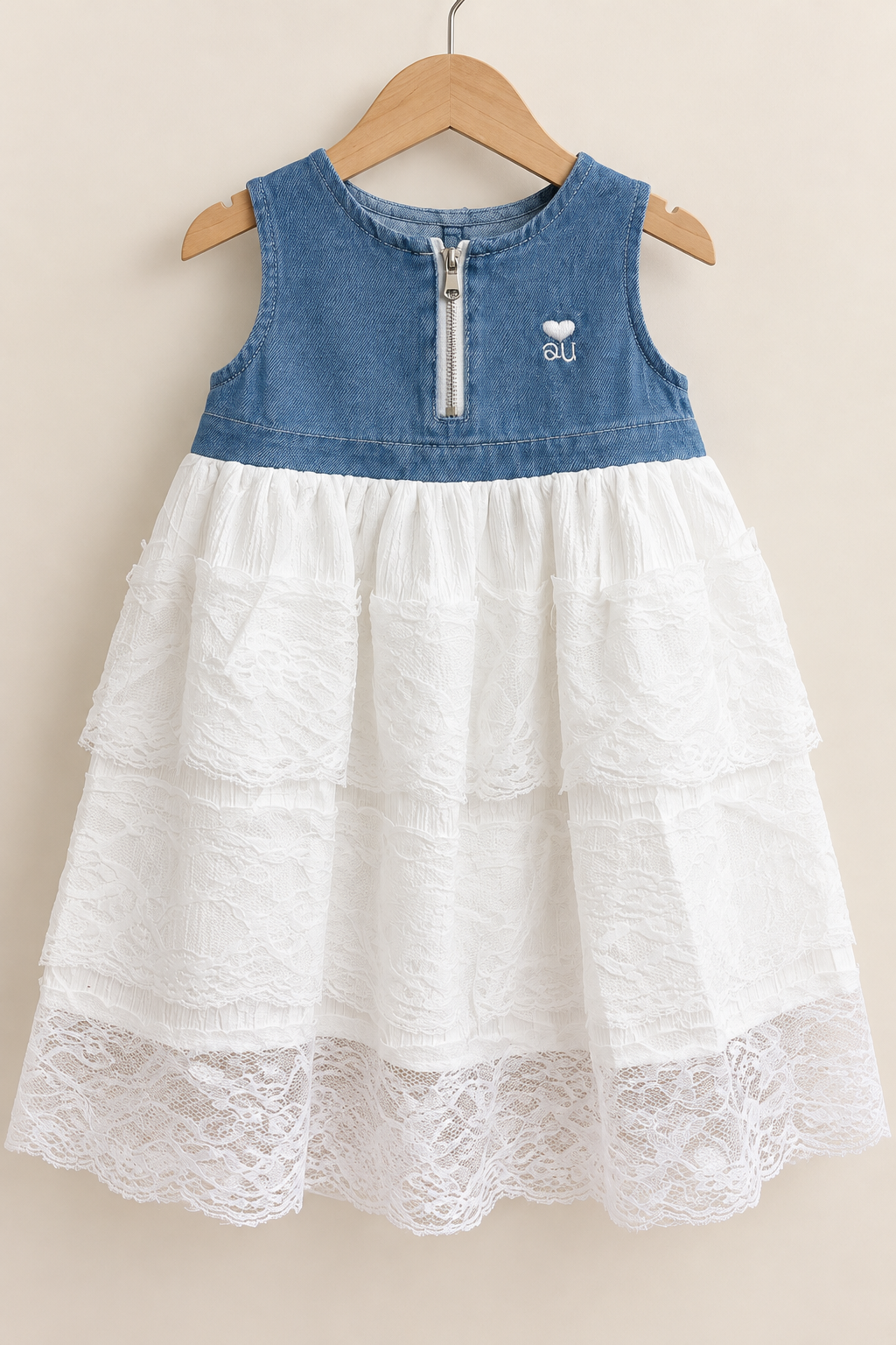 Vestido bicolor , jeans en el busto y blanco en la falda , detalles de tul con encaje