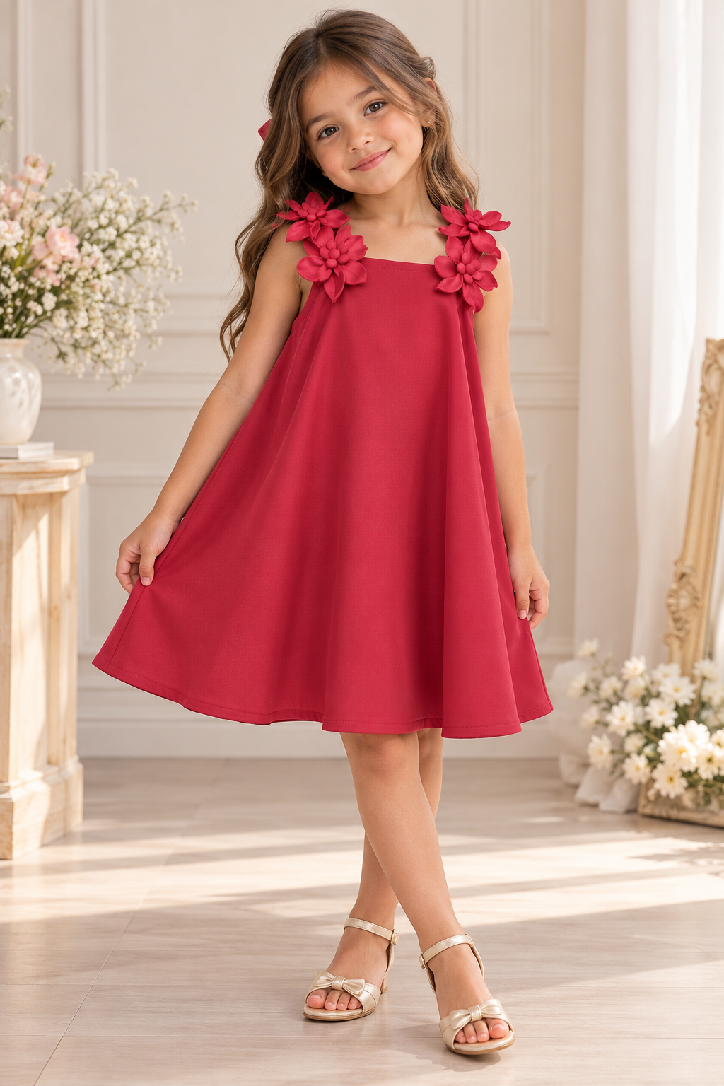 Vestido casual suelto color rojo cálido con detalle de flores en 3D en la tira