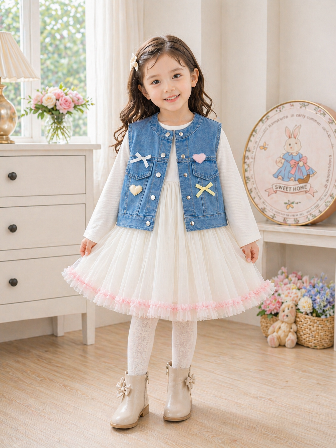 Conjunto de vestido mangas largas con chaleco de jeans detalles de corazones y moños