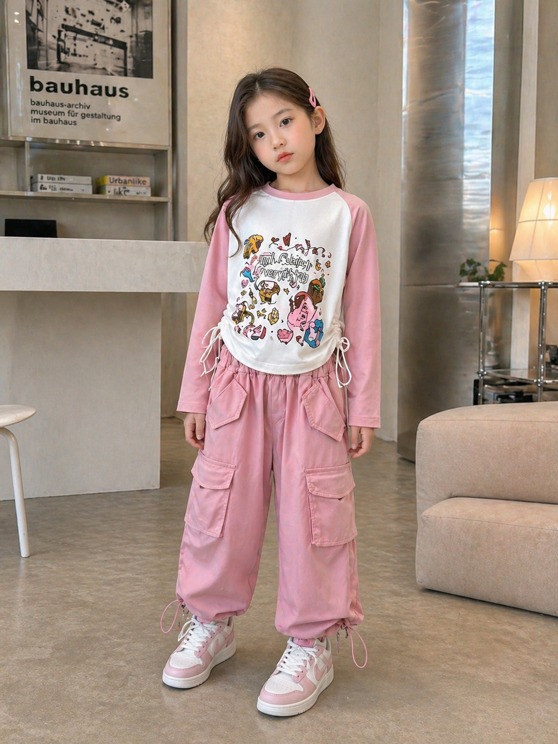 Conjunto de jogger rosa  con mangas largas blanca con mangas rosa