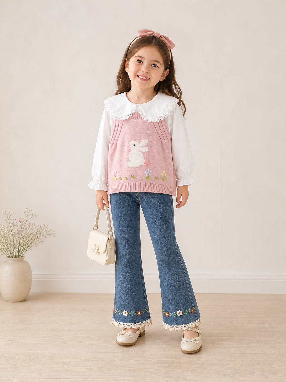 Conjunto de 3 piezas , pantalón de jeans, camisa y chaleco de hilo rosa con detalle de conejito