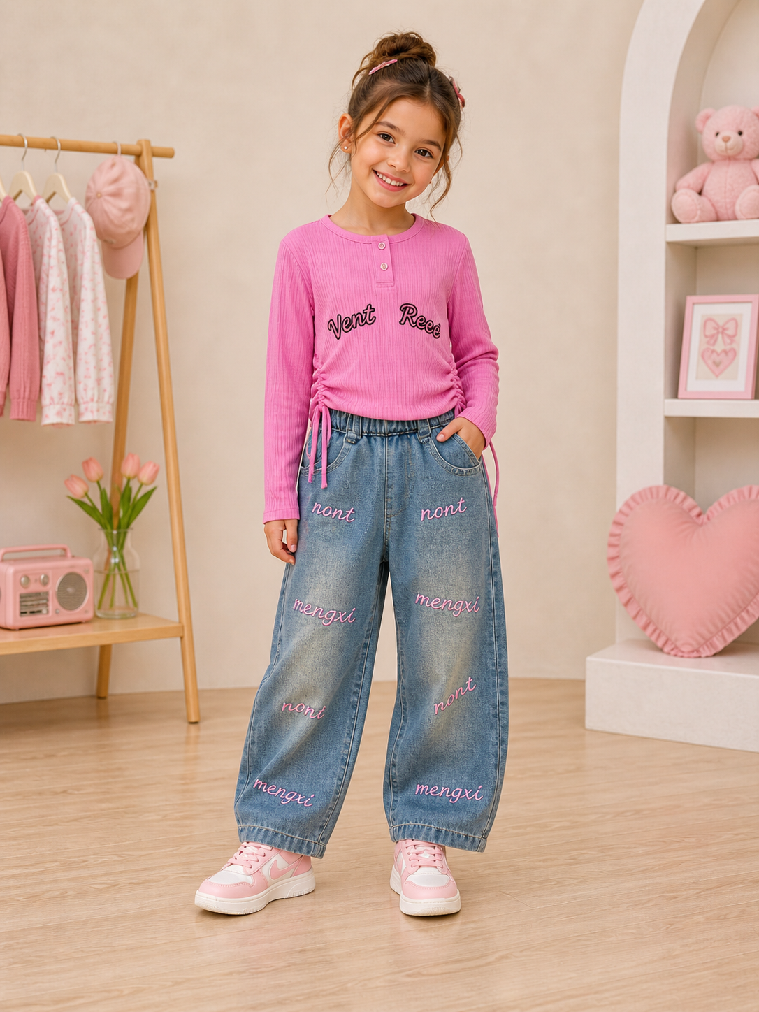 Conjunto pantalón de jeans con blusa mangas largas fucsia con detalles de frases