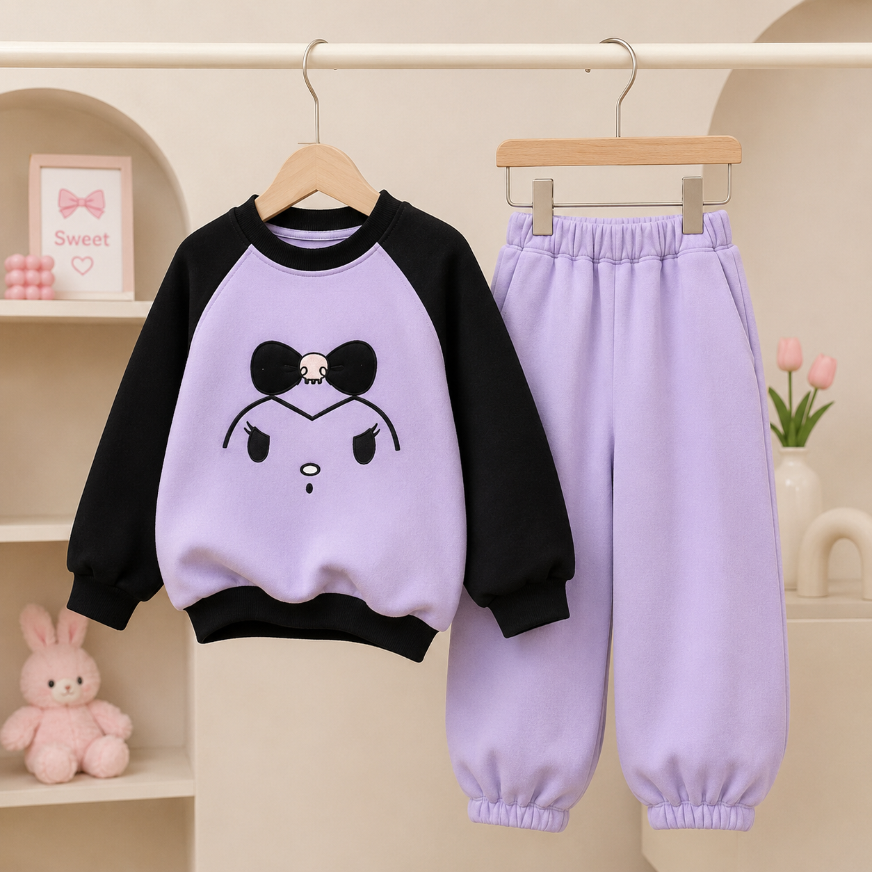 Conjunto jogger con abrigo lila detalle de kuromi (frisado por dentro )
