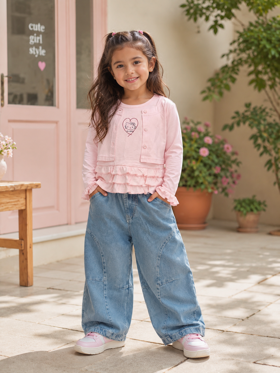 Conjunto de pantalones de jeans tipo overside con blusa mangas largas rosa detalle de hello Kitty