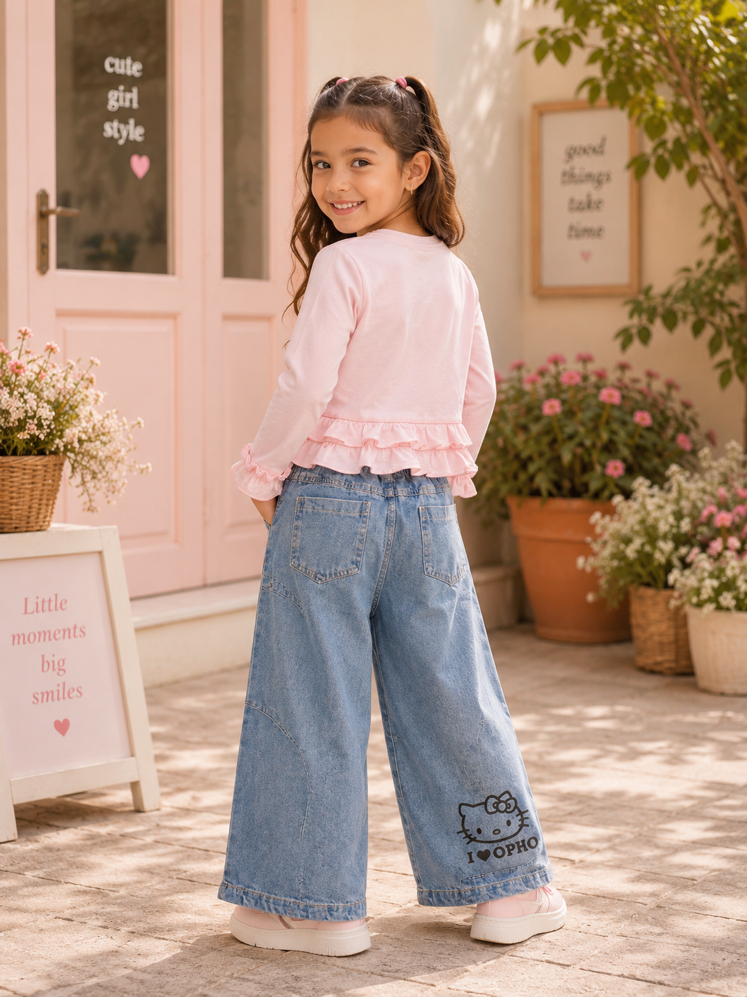Conjunto de pantalones de jeans tipo overside con blusa mangas largas rosa detalle de hello Kitty