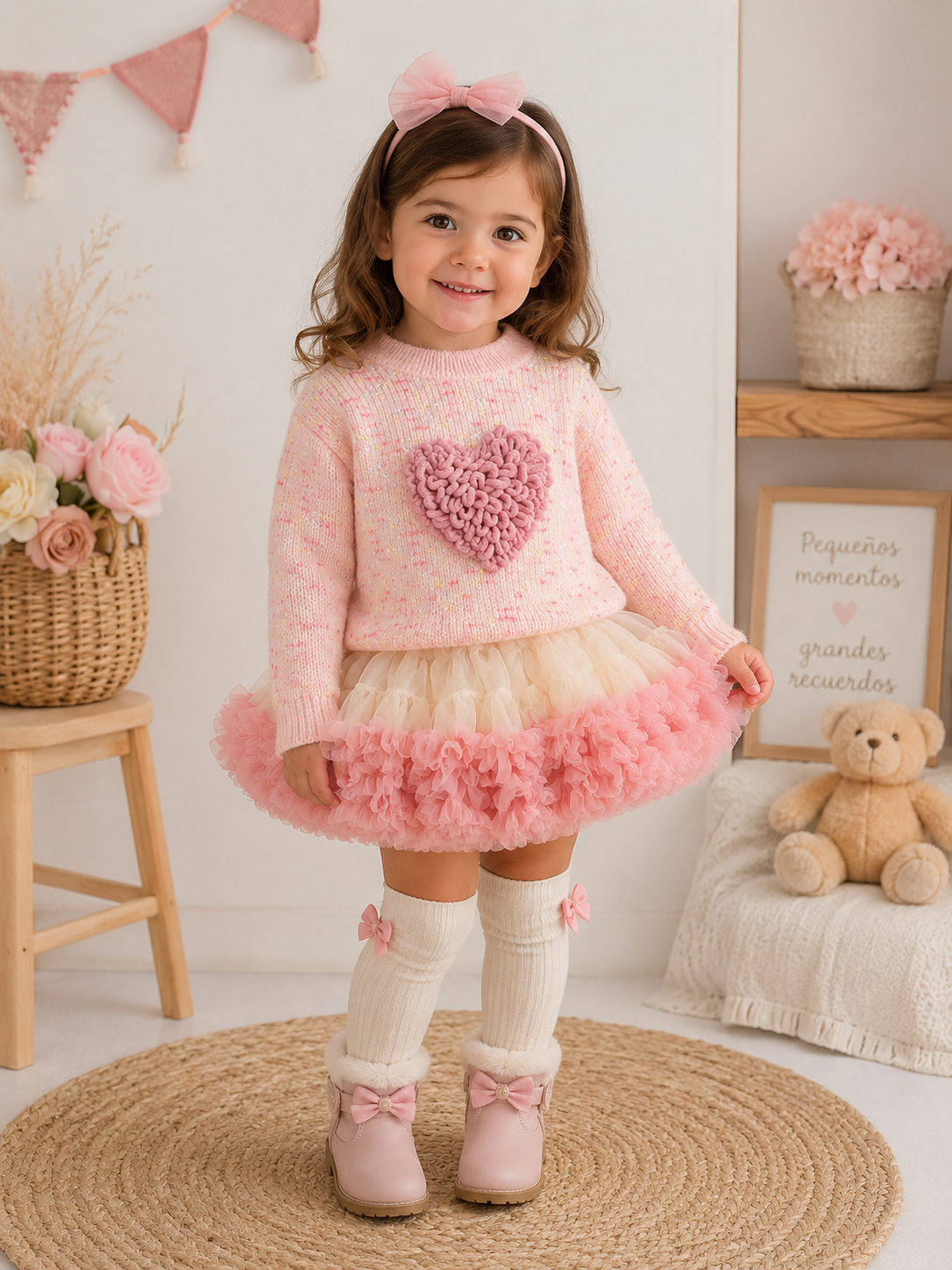 Conjunto tutu con abrigo rosa , detalles de corazón ( abrigado)