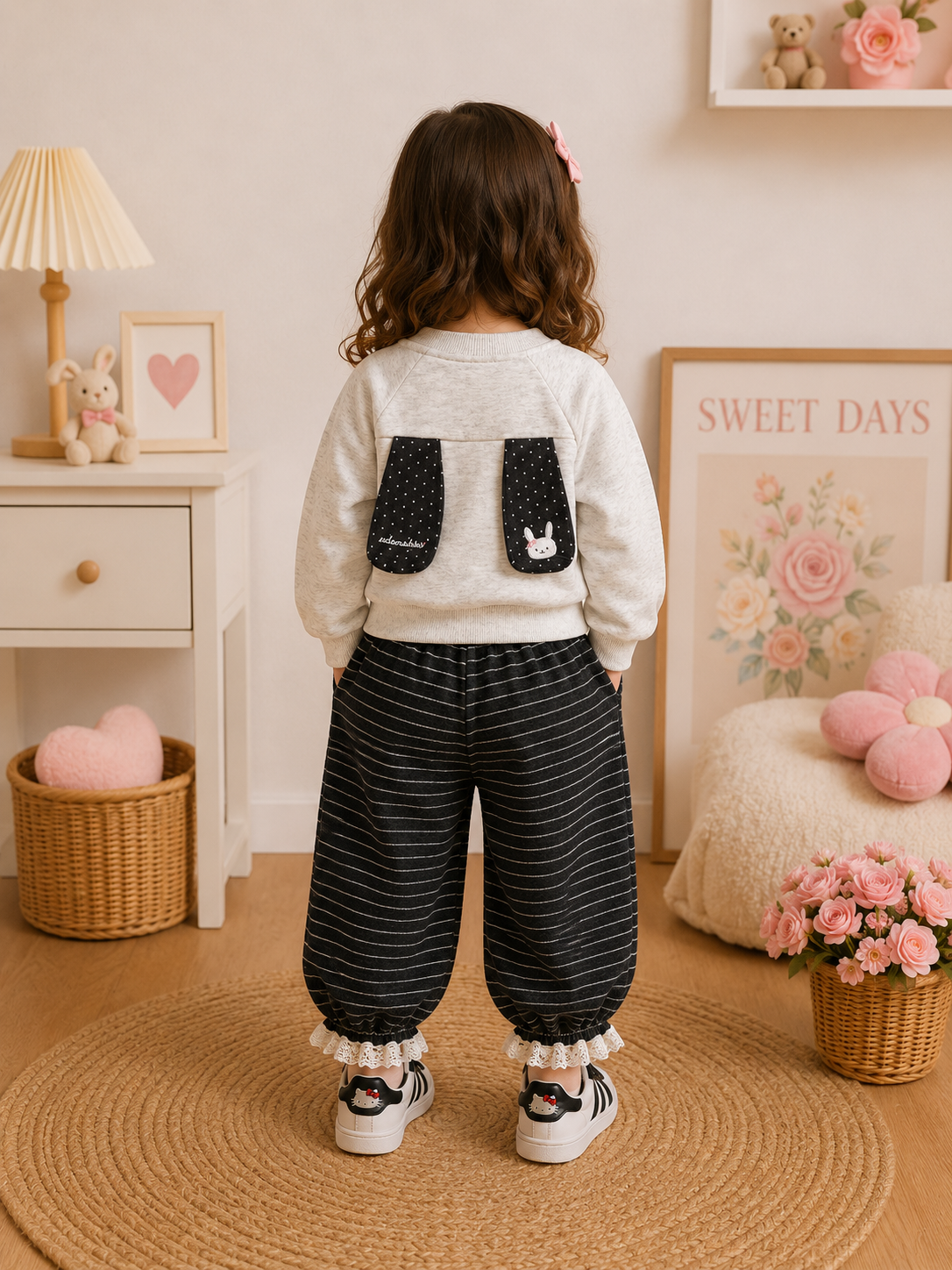 Conjunto de jogger a rayas con abrigo frisados ambos , detalle de hello Kitty