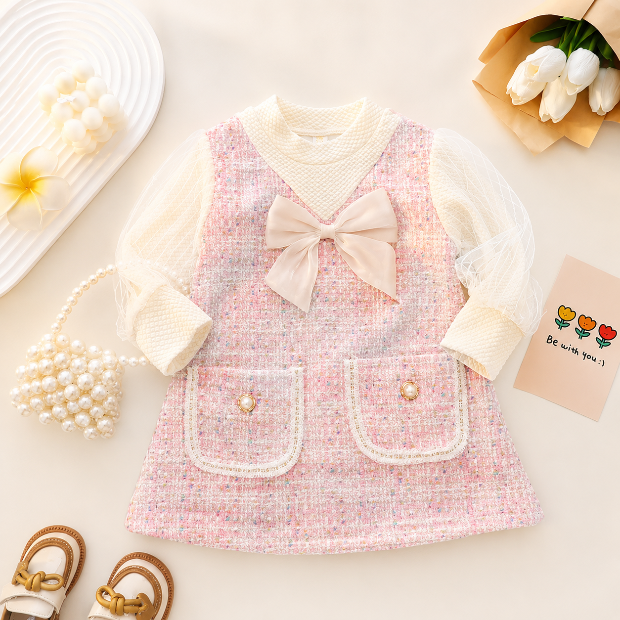 Vestido rosa a cuadros con mangas largas detalle de bolsillo y moño en el cuello