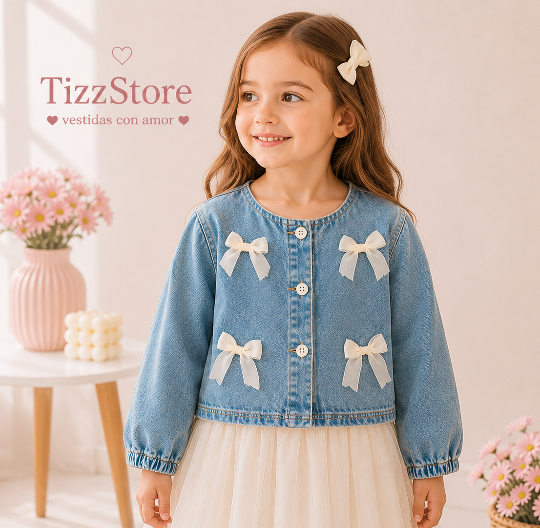 Campera de jeans azul con detalle de moños beige y manga agomada en la muñeca