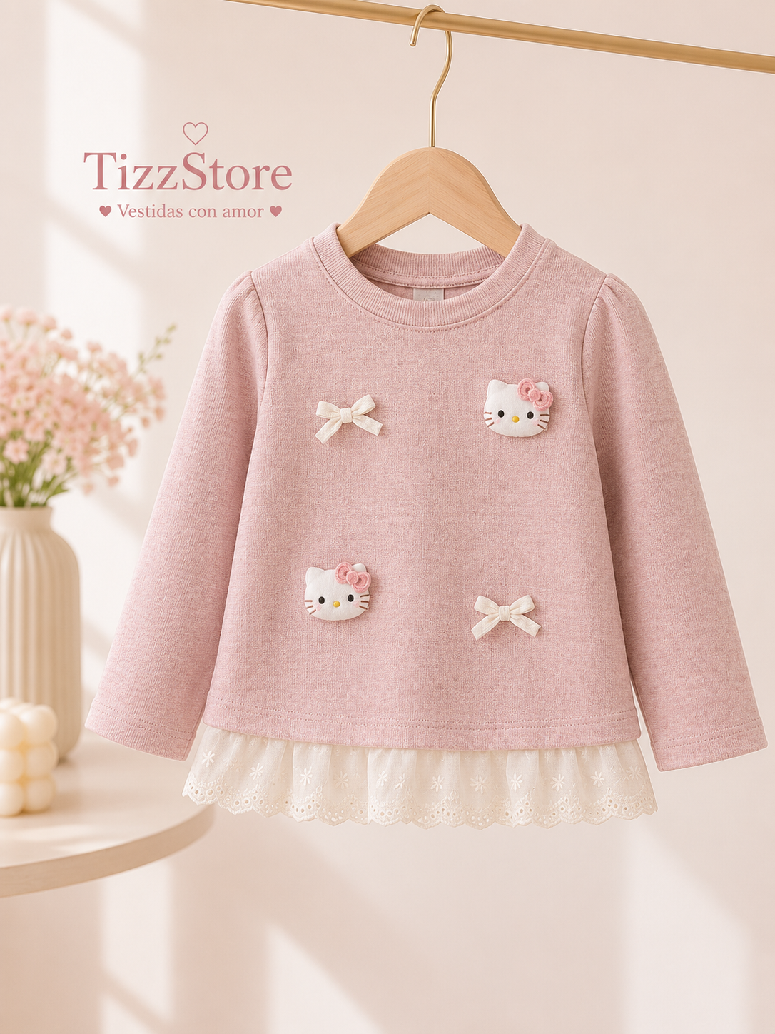 Mangas largas rosa con detalles de moño y hello Kitty ( tela agradable abrigo intermedio )