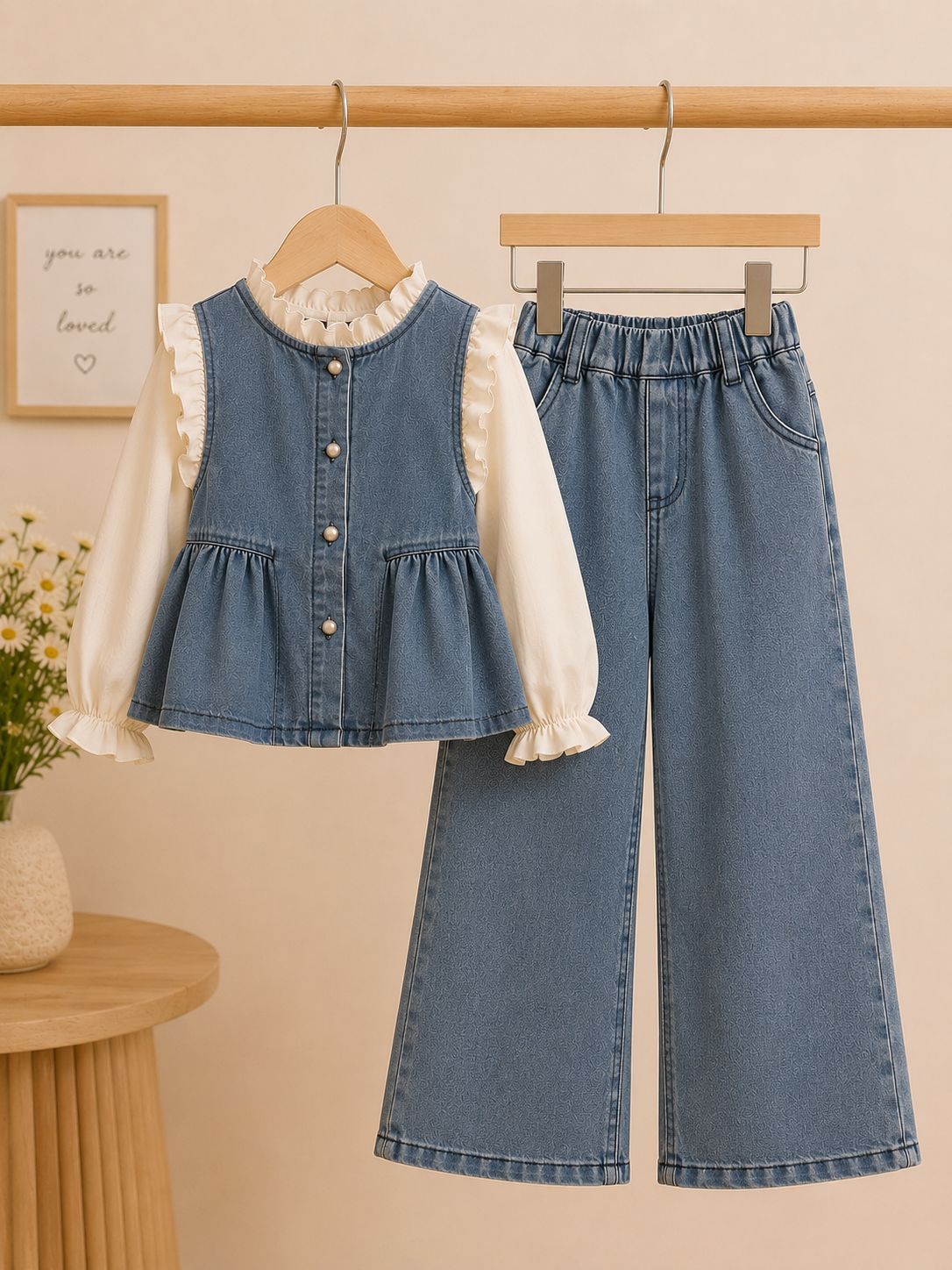 Conjunto de 3 piezas , camisa beige chaleco de jenas y pantalón corte mom