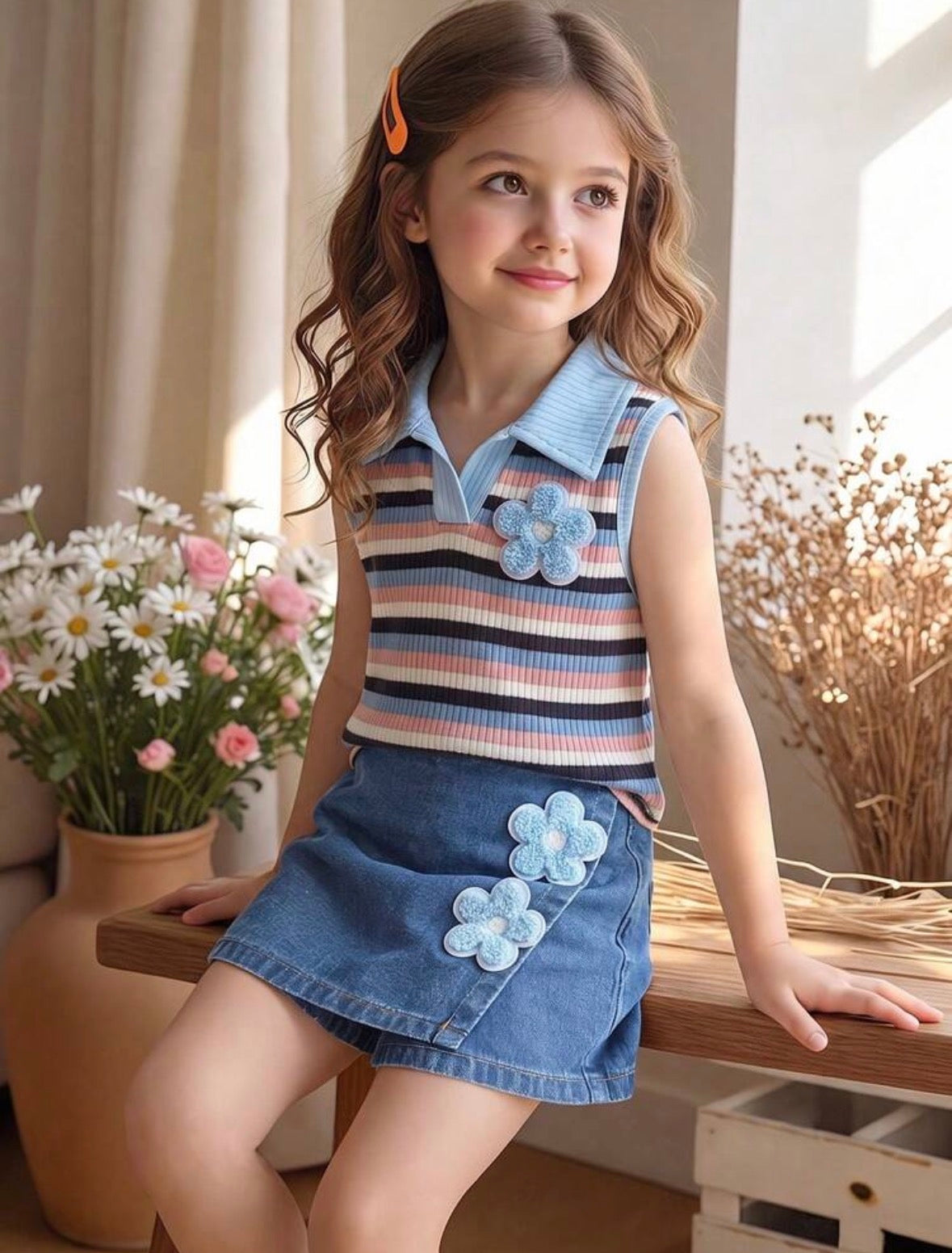 Conjunto short pollera de jeans con blusa sin manga a rayas con detalles de flores