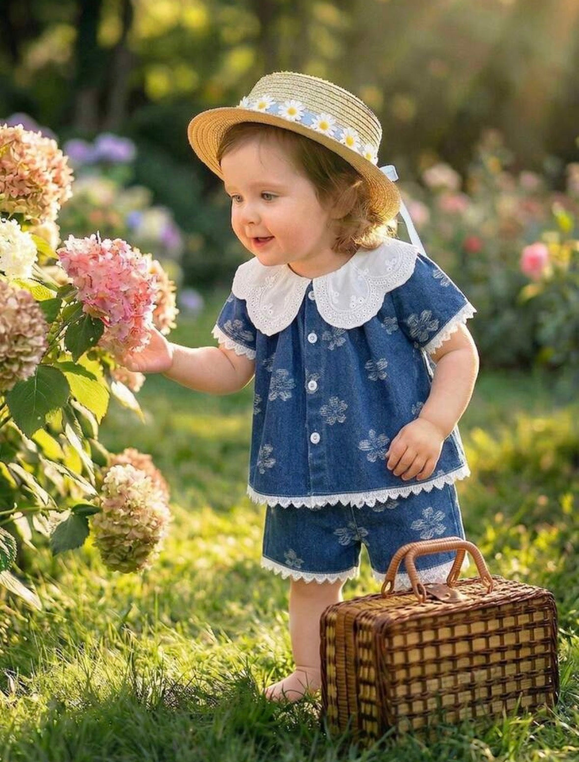 Conjunto de jeans short con blusa con cuello blanco detalles de flores blancas  bordadas